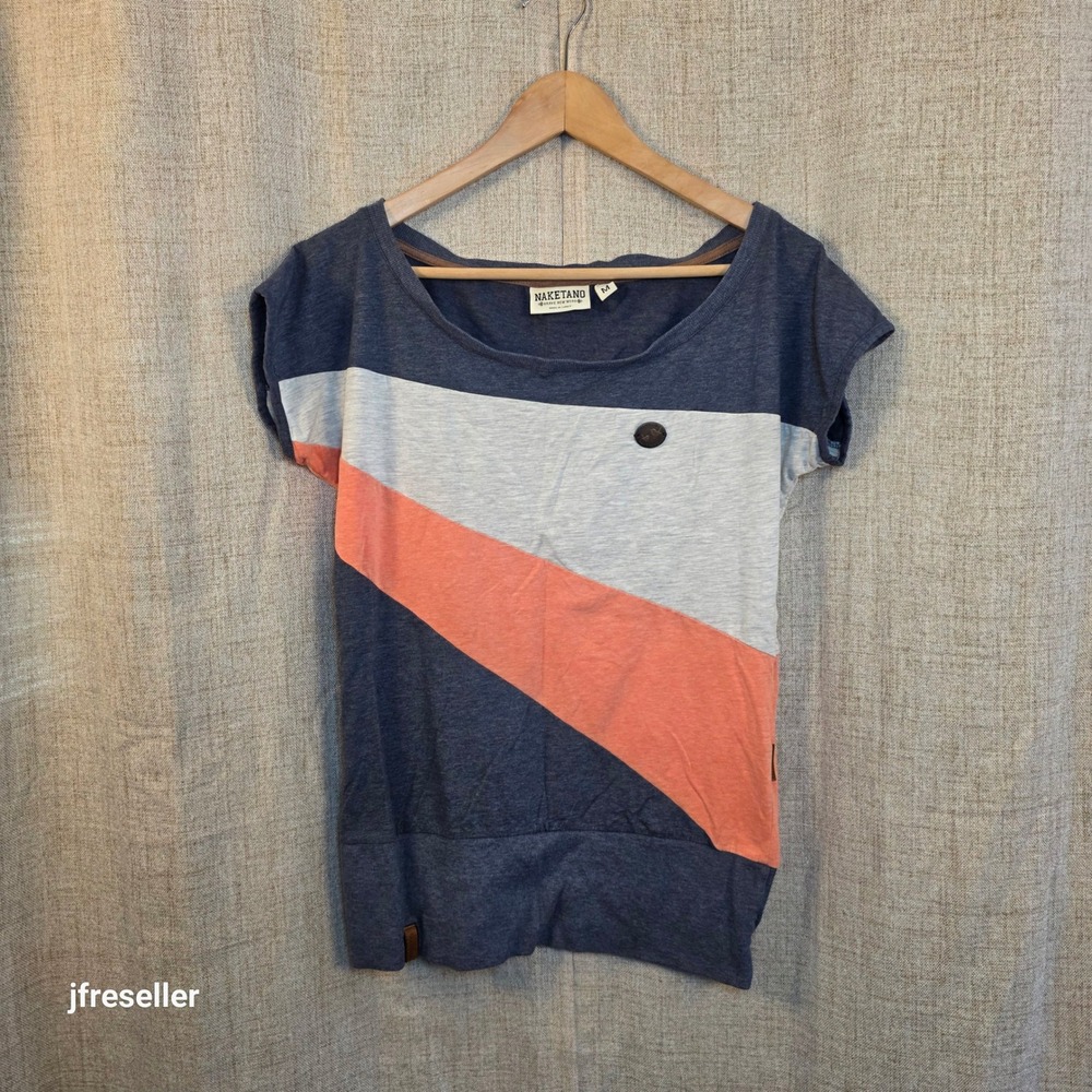 Naketano Colorblock Short Sleeve Tee Womens M Striped Navy Grey Coral Scoop Neck